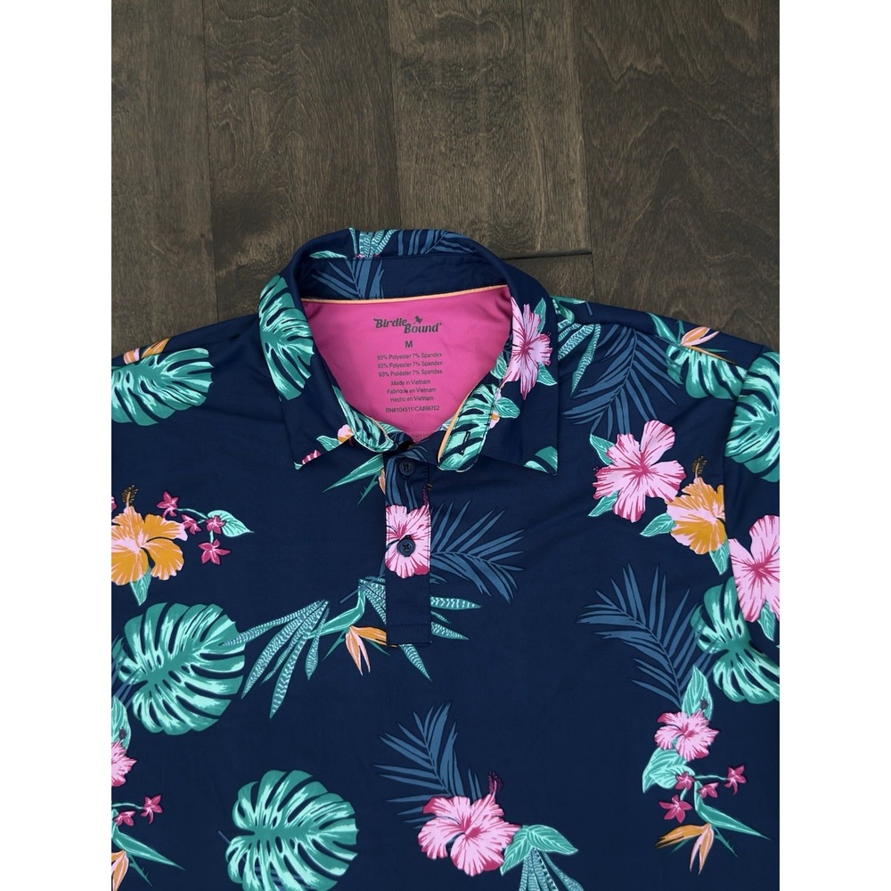 Birdie Bound Mens Colorful Floral Polo Stretch Golf Shirt Navy Blue Size M